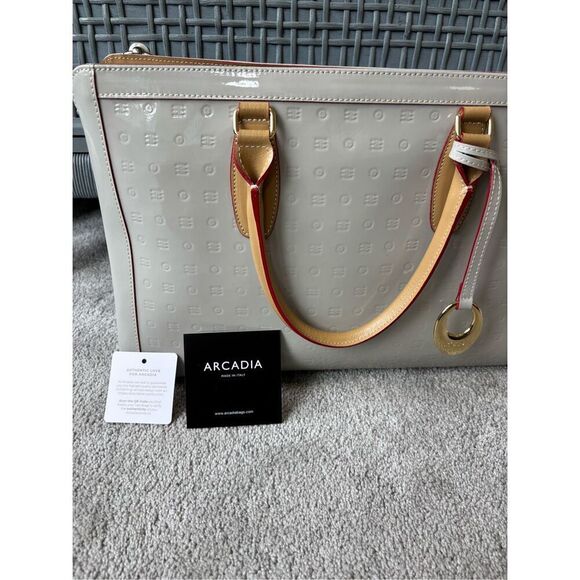 NEW ARCADIA off white/light gray patent Business Large Top Handles, $450 - Picture 3 of 12